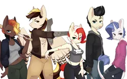 Size: 5979x3697 | Tagged: safe, artist:cookietasticx3, derpibooru import, oc, oc:ebony winds, oc:lancer, oc:silent flight, oc:yodi, oc:zeze, unofficial characters only, anthro, earth pony, hippogriff, pegasus, unicorn, zebra, anthro oc, armpits, baseball bat, blushing, knife, looking at you, simple background, weapon, white background