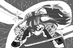 Size: 1023x682 | Tagged: safe, artist:steveskunk, derpibooru import, twilight sparkle, alicorn, pony, black and white, grayscale, katana, manga style, monochrome, samurai, sword, weapon