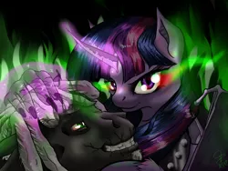 Size: 1024x768 | Tagged: safe, artist:steveskunk, derpibooru import, twilight sparkle, oc, oc:black rider, alicorn, bat pony, bat pony alicorn, pony, bat wings, dark magic, evil, glowing horn, hand, horn, magic, magic hands, sombra eyes, wings