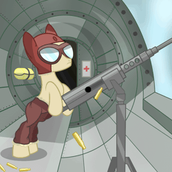 Size: 1699x1699 | Tagged: safe, artist:pizzamovies, derpibooru import, oc, oc:pizzamovies, pony, .50 cal, aircraft, animated, b-17 flying fortress, bomber, clothes, gif, goggles, gun, gunner, muzzle flash, plane, shooting, solo, weapon, window, world war ii