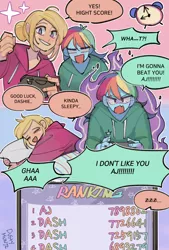 Size: 1378x2039 | Tagged: safe, artist:dusty-munji, derpibooru import, applejack, rainbow dash, equestria girls, appledash, clothes, comic, female, lesbian, shipping, smiling, sore loser, video game