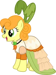 Size: 3000x4006 | Tagged: safe, artist:cloudyglow, derpibooru import, carrot top, golden harvest, earth pony, pony, .ai available, clothes, dress, female, gameloft, mare, mobile game, open mouth, simple background, solo, transparent background, vector