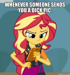 Size: 600x642 | Tagged: suggestive, derpibooru import, edit, edited screencap, screencap, sunset shimmer, driving miss shimmer, equestria girls, equestria girls series, caption, driving miss shimmer: rarity, geode of empathy, image macro, impact font, implied penis, magical geodes, meme, phone, text