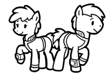 Size: 225x150 | Tagged: safe, artist:crazyperson, derpibooru import, earth pony, pony, fallout equestria, fallout equestria: commonwealth, fanfic, black and white, clothes, duo, fanfic art, female, generic pony, grayscale, hooves, male, mare, monochrome, picture for breezies, pipbuck, raised hoof, simple background, stallion, transparent background, vault suit