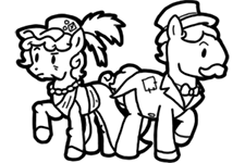 Size: 225x150 | Tagged: safe, artist:crazyperson, derpibooru import, earth pony, pony, fallout equestria, fallout equestria: commonwealth, black and white, clothes, diamond city, dress, duo, facial hair, fanfic art, female, grayscale, hat, male, mare, monochrome, moustache, noble, picture for breezies, simple background, stallion, top hat, transparent background