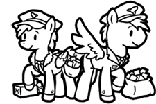 Size: 225x150 | Tagged: safe, artist:crazyperson, derpibooru import, pegasus, pony, fallout equestria, fallout equestria: commonwealth, black and white, courier, fanfic art, female, grayscale, mailpony, male, mare, monochrome, picture for breezies, simple background, stallion, transparent background