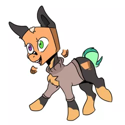 Size: 750x750 | Tagged: safe, artist:jodi sli, derpibooru import, oc, oc:boxy, unofficial characters only, earth pony, pony, box, chest fluff, clothes, cutie mark, female, happy, heterochromia, simple background, solo, tape, white background