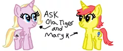 Size: 862x360 | Tagged: safe, artist:nightshadowmlp, derpibooru import, oc, oc:game point, oc:ola tiger, unofficial characters only, alicorn, unicorn, ask ola tiger and mary k, alicorn oc, horn, ms paint, paint 3d, smiling, text, wings