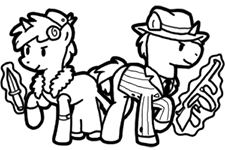 Size: 225x150 | Tagged: safe, artist:crazyperson, derpibooru import, pony, unicorn, fallout equestria, fallout equestria: commonwealth, black and white, clothes, dress, fanfic art, fedora, female, gangster, grayscale, gun, hat, knife, magic, magic aura, male, mare, monochrome, picture for breezies, pinstripes, simple background, stallion, telekinesis, tommy gun, transparent background