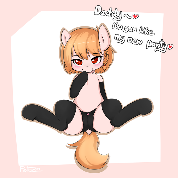 Size: 3400x3400 | Tagged: questionable, artist:potzm, derpibooru import, oc, oc:andriana alione, unofficial characters only, earth pony, semi-anthro, black underwear, blonde, blushing, cameltoe, clothes, cute, dock, female, gift art, heart, heart eyes, heart print underwear, panties, red eyes, simple background, socks, solo, solo female, spread legs, spreading, stockings, text, thigh highs, tongue out, underwear, wingding eyes