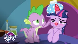 Size: 1280x720 | Tagged: ail-icorn, alicorn, bed, caring for the sick, derpibooru import, dragon, floppy ears, horn, ice, ice pack, my little pony logo, red horn, red nosed, safe, screencap, sick, sicklight sparkle, spike, spoiler:interseason shorts, swelling, swollen horn, toe curl, twilight sparkle, twilight sparkle (alicorn), winged spike, youtube thumbnail