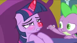 Size: 1136x640 | Tagged: safe, derpibooru import, screencap, spike, twilight sparkle, twilight sparkle (alicorn), alicorn, dragon, pony, ail-icorn, spoiler:interseason shorts, bed, female, horn, male, red horn, red nosed, sicklight sparkle, swollen horn, thermometer, winged spike