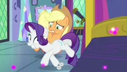 Size: 1280x720 | Tagged: safe, derpibooru import, screencap, applejack, rarity, earth pony, pony, unicorn, ail-icorn, spoiler:interseason shorts, bed, book, bookshelf, duo, female, mare, mirror, rariskate, telescope, twilight's bedroom