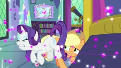 Size: 1280x720 | Tagged: safe, derpibooru import, screencap, applejack, rarity, twilight sparkle, earth pony, pony, unicorn, ail-icorn, spoiler:interseason shorts, bed, book, bookshelf, duo, eyes closed, female, mare, mirror, rariskate, telescope, twilight's bedroom, twilight's castle