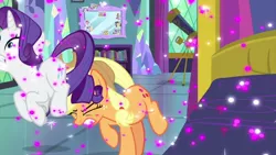 Size: 1280x720 | Tagged: safe, derpibooru import, screencap, applejack, discord, fluttershy, moondancer, owlowiscious, pinkie pie, princess celestia, rainbow dash, rarity, spike, earth pony, pony, unicorn, ail-icorn, spoiler:interseason shorts, bed, book, bookshelf, cutie mark, duo, eyes closed, female, mare, mirror, picture frame, telescope, twilight's bedroom