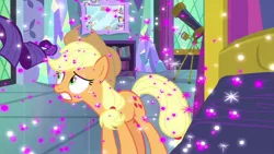 Size: 1280x720 | Tagged: safe, derpibooru import, screencap, applejack, fluttershy, moondancer, owlowiscious, pinkie pie, rainbow dash, rarity, spike, earth pony, pony, ail-icorn, spoiler:interseason shorts, applejack's hat, bed, book, bookshelf, cowboy hat, female, hat, mare, mirror, picture frame, solo focus, telescope, twilight's bedroom