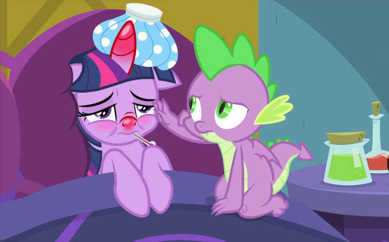 Size: 1154x720 | Tagged: ail-icorn, alicorn, bed, caring for the sick, claws, derpibooru import, dragon, female, horn, male, mare, red horn, red nosed, safe, screencap, spike, spoiler:interseason shorts, swollen horn, tail, toe curl, twilight sparkle, twilight sparkle (alicorn), winged spike, wings