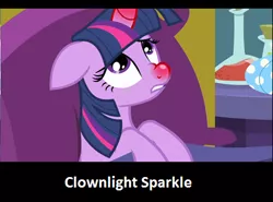 Size: 449x332 | Tagged: safe, artist:fluttershyisnot adoormat, derpibooru import, edit, edited screencap, screencap, twilight sparkle, twilight sparkle (alicorn), alicorn, pony, ail-icorn, spoiler:interseason shorts, bed, floppy ears, horn, implied clown, meme, red horn, red nosed, sick, sicklight sparkle, solo, swollen horn