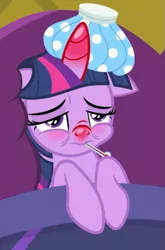 Size: 457x691 | Tagged: safe, derpibooru import, screencap, twilight sparkle, twilight sparkle (alicorn), alicorn, pony, ail-icorn, spoiler:interseason shorts, backwards thermometer, bed, cropped, female, horn, mare, red horn, red nosed, sick, sicklight sparkle, solo, swollen horn, thermometer
