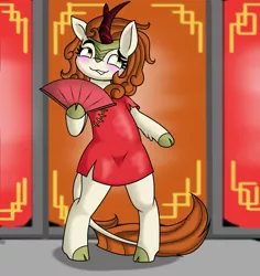 Size: 1516x1608 | Tagged: artist:pencil bolt, autumn blaze, bipedal, blushing, cheongsam, chinese new year, clothes, cloven hooves, colored hooves, derpibooru import, fan, female, folding fan, kirin, safe, solo, sounds of silence, standing