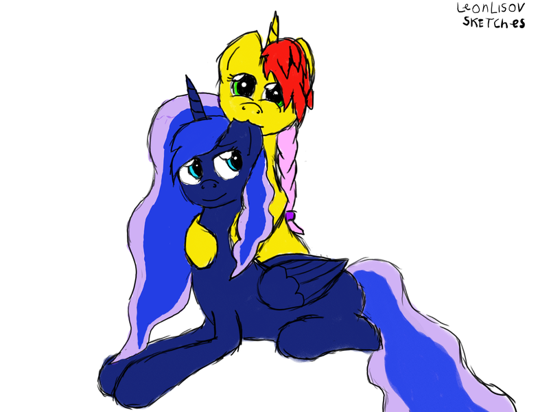 Size: 2250x1688 | Tagged: safe, artist:terminalhash, derpibooru import, princess luna, oc, oc:rouzfirecarrot, pony, biting, ear bite