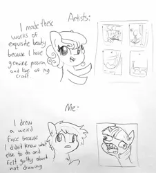 Size: 1384x1534 | Tagged: safe, artist:tjpones, derpibooru import, twilight sparkle, oc, oc:tjpones, earth pony, pony, art, artist, black and white, bust, chest fluff, comic, dialogue, drawing, ear fluff, ear piercing, faic, grayscale, lineart, monochrome, piercing, relatable, self deprecation, simple background, traditional art