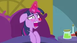 Size: 1280x720 | Tagged: safe, derpibooru import, screencap, twilight sparkle, twilight sparkle (alicorn), alicorn, pony, ail-icorn, spoiler:interseason shorts, bed, female, horn, mare, pre sneeze, red nosed, sicklight sparkle, swollen horn
