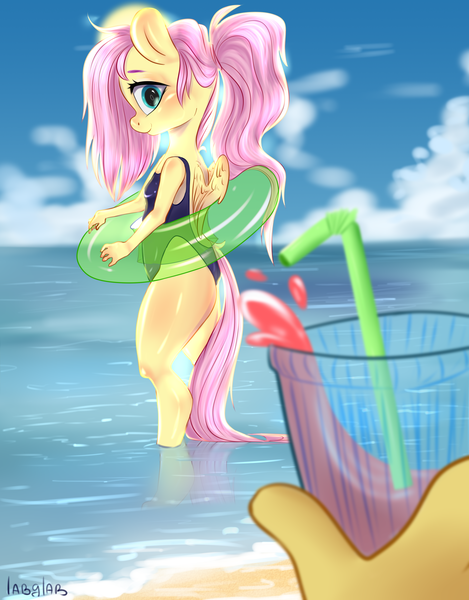 Size: 2500x3200 | Tagged: safe, artist:labglab, derpibooru import, discord, fluttershy, anthro, pegasus, unguligrade anthro, alternate hairstyle, beach, clothes, discoshy, female, inflatable, inner tube, long hair, looking at you, looking back, looking back at you, male, mare, one-piece swimsuit, open-back swimsuit, ponytail, rcf community, shipping, straight, summer, swimsuit, water