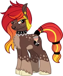 Size: 3602x4302 | Tagged: safe, artist:lightning stripe, derpibooru import, oc, oc:brandywine, earth pony, hybrid, pony, braided tail, brown, brown coat, chest fluff, choker, cloven hooves, cutie mark, dappled, ear piercing, eyelashes, female, freckles, gauges, gradient mane, gradient tail, jewelry, male, nose piercing, nose ring, orange eyes, piercing, red, red mane, red tail, ring, show accurate, socks (coat marking), solo, tail, tail ring, unshorn fetlocks