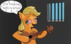 Size: 750x461 | Tagged: safe, artist:ah96, derpibooru import, applejack, earth pony, pony, derp, female, folsom prison blues, guitar, hatless, high, johnny cash, mare, missing accessory, mondegreen, musical instrument, open mouth, prison, singing, solo, song reference, speech bubble