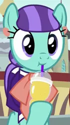 Size: 345x615 | Tagged: safe, derpibooru import, screencap, mixed berry, earth pony, pony, the parent map, drink, drinking straw, ear piercing, earring, female, hoof hold, jewelry, mare, piercing, smiling, solo