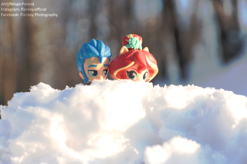 Size: 6000x4000 | Tagged: safe, artist:artofmagicpoland, derpibooru import, flash sentry, sunset shimmer, equestria girls, doll, equestria girls minis, eqventures of the minis, female, flashimmer, male, pun, shipping, snow, soon, straight, toy