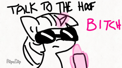 Size: 1280x720 | Tagged: safe, artist:tjpones, derpibooru import, twilight sparkle, pony, animated, bitch, caption, female, gif, gif with captions, glowing horn, hand, horn, magic, magic hands, mare, middle finger, monochrome, simple background, sunglasses, talk to the hand, talking to viewer, telekinesis, this is for emphasis bitch, twibitch sparkle, vulgar, white background