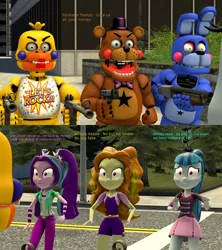 Size: 1920x2160 | Tagged: safe, artist:fazbearsparkle, derpibooru import, adagio dazzle, aria blaze, sonata dusk, equestria girls, rainbow rocks, 3d, angry, animatronic, bonnie, chica, crossover, dazzling, fear, five nights at freddy's, freddy fazbear's pizzeria simulator, gun, handgun, money, panic, pistol, rockstar bonnie, rockstar chica, rockstar freddy, shotgun, source filmmaker, submachinegun, the dazzlings, ultimate custom night, weapon