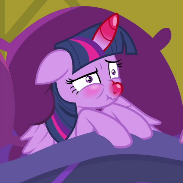 Size: 2289x2289 | Tagged: safe, derpibooru import, screencap, twilight sparkle, twilight sparkle (alicorn), alicorn, pony, ail-icorn, spoiler:interseason shorts, bed, cropped, female, horn, mare, red nosed, scrunchy face, sick, sicklight sparkle, swollen horn