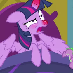 Size: 1024x1024 | Tagged: safe, derpibooru import, screencap, spike, twilight sparkle, twilight sparkle (alicorn), alicorn, dragon, pony, ail-icorn, spoiler:interseason shorts, bed, faic, female, horn, mare, pre sneeze, red nosed, sicklight sparkle, solo, swollen horn, winged spike