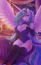 Size: 2213x3500 | Tagged: alicorn, anthro, areola outline, artist:dimwitdog, bed, bedroom, big breasts, boob window, breasts, busty princess celestia, chest fluff, cleavage, cleavage fluff, clothes, curvy, derpibooru import, dialogue, erect nipples, eyelashes, female, fingerless gloves, gloves, hair over one eye, hand on chest, high res, huge breasts, indoors, latex, leotard, lidded eyes, long gloves, long hair, looking at you, mare, nipple outline, princess celestia, sexy, sitting, skintight clothes, socks, solo, solo female, spread wings, stockings, stupid sexy celestia, suggestive, talking to viewer, thick, thigh highs, thighs, thunder thighs, unguligrade anthro, wide hips, wings