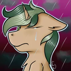 Size: 599x599 | Tagged: safe, artist:luriel maelstrom, derpibooru import, oc, oc:cotton, pony, unicorn, abstract background, bust, cloud, crying, frown, looking at you, one eye closed, portrait, rain, signature, solo, teary eyes, two toned mane