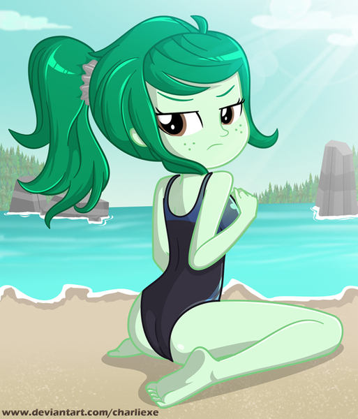 Size: 572x669 | Tagged: suggestive, artist:charliexe, derpibooru import, wallflower blush, equestria girls, equestria girls series, ass, barefoot, beach, breasts, butt, clothes, cloud, cute, feet, female, freckles, frown, one-piece swimsuit, ponytail, sand, sky, sleeveless, solo, solo female, stupid sexy wallflower blush, swimsuit, tree, wallflower butt, water