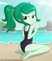 Size: 572x669 | Tagged: suggestive, artist:charliexe, derpibooru import, wallflower blush, equestria girls, equestria girls series, ass, barefoot, beach, breasts, butt, clothes, cloud, cute, feet, female, freckles, frown, one-piece swimsuit, ponytail, sand, sky, sleeveless, solo, solo female, stupid sexy wallflower blush, swimsuit, tree, wallflower butt, water