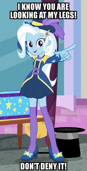 Size: 509x1002 | Tagged: safe, derpibooru import, screencap, trixie, equestria girls, equestria girls series, street magic with trixie, spoiler:eqg series (season 2), caption, clothes, cropped, feet, fourth wall, fourth wall break, hat, high heels, image macro, leg focus, legs, looking at you, meme, pointing, pointing at you, shoes, skirt, socks, text, thigh highs, top hat, trixie yells at everything, zettai ryouiki