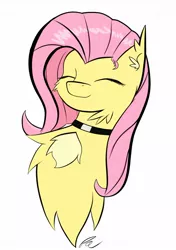 Size: 1200x1705 | Tagged: artist needed, safe, derpibooru import, fluttershy, pegasus, pony, bust, chest fluff, choker, chokershy, eyes closed, signature, smiling