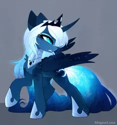 Size: 3157x3392 | Tagged: safe, artist:magnaluna, derpibooru import, princess luna, alicorn, pony, alternate design, angry, badass, chest fluff, curved horn, ear fluff, ethereal mane, eyeshadow, fangs, female, floppy ears, frown, glare, glow, glowing cutie mark, glowing mane, glowing tail, gray background, gritted teeth, hoof fluff, horn, jewelry, leg fluff, looking back, makeup, mare, nightmare luna, raised hoof, regalia, shoulder fluff, simple background, slit eyes, solo, sparkles, starry mane, wing fluff
