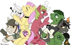 Size: 1599x1004 | Tagged: safe, artist:anonpencil, derpibooru import, fluttershy, princess cadance, oc, oc:flutterpriest, oc:private i, unofficial characters only, earth pony, pegasus, pony, unicorn, choker, chokershy, drinking, drunk, drunk bubbles, drunkershy, earth pony oc, eyes closed, helmet, horn, pegasus oc, unicorn oc, weapon, white eyes, wings, worried