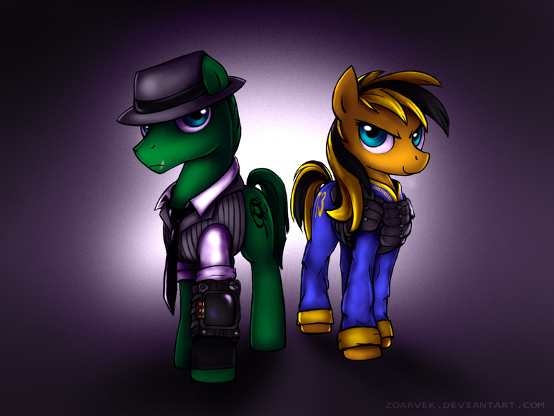 Size: 1280x960 | Tagged: safe, artist:zoarvek, derpibooru import, oc, oc:private i, oc:yellow jacket, earth pony, pony, fallout equestria, fanfic art, gradient background, hat, necktie, pipbuck