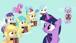 Size: 1280x720 | Tagged: safe, derpibooru import, screencap, cotton cloudy, mango dash, noi, pinkie feather, rainy feather, sweet pop, tornado bolt, twilight sparkle, twilight sparkle (alicorn), alicorn, pegasus, pony, fame and misfortune, animation error, book, clothes, female, filly, flying, foal, grin, hat, hoof hold, mare, shirt, smiling, t-shirt