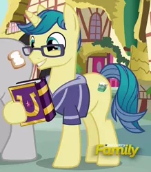 Size: 608x695 | Tagged: safe, derpibooru import, screencap, first edition, pony, fame and misfortune, background pony, book, discovery family logo, male, stallion