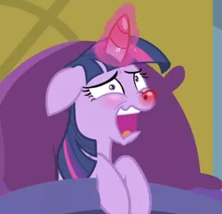 Size: 1472x1418 | Tagged: safe, derpibooru import, screencap, twilight sparkle, twilight sparkle (alicorn), alicorn, pony, ail-icorn, spoiler:interseason shorts, bed, horn, nostril flare, nostrils, pre sneeze, red nosed, sick, sicklight sparkle, sneezing, solo, swollen horn, tongue out