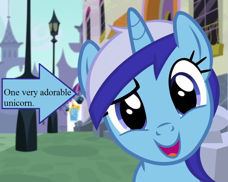 Size: 900x720 | Tagged: safe, derpibooru import, edit, edited screencap, screencap, minuette, unicorn, amending fences, g4, arrow, canterlot, captain obvious, cropped, cute, female, happy, horn, image, looking at you, minubetes, my little pony, png, solo, streetlight, text, truth