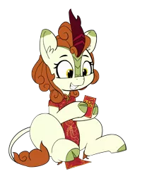 Size: 1601x1987 | Tagged: artist:pabbley, autumn blaze, awwtumn blaze, chinese new year, clothes, cloven hooves, colored hooves, cute, derpibooru import, dress, female, hoof hold, kirin, red envelope, safe, simple background, smiling, solo, sounds of silence, transparent background